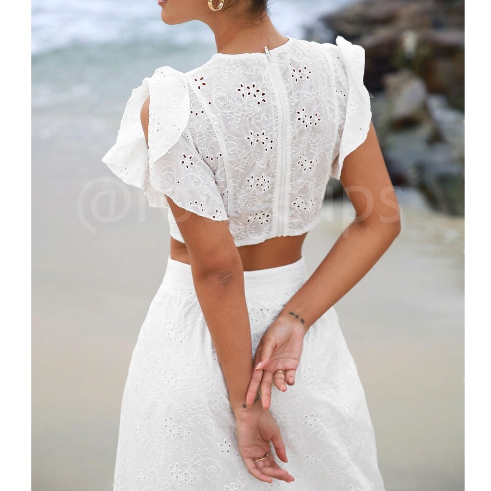 White Eyelet Embroidery 2 Piece Set Crop Top and Long Skirt - Picture 5 of 10